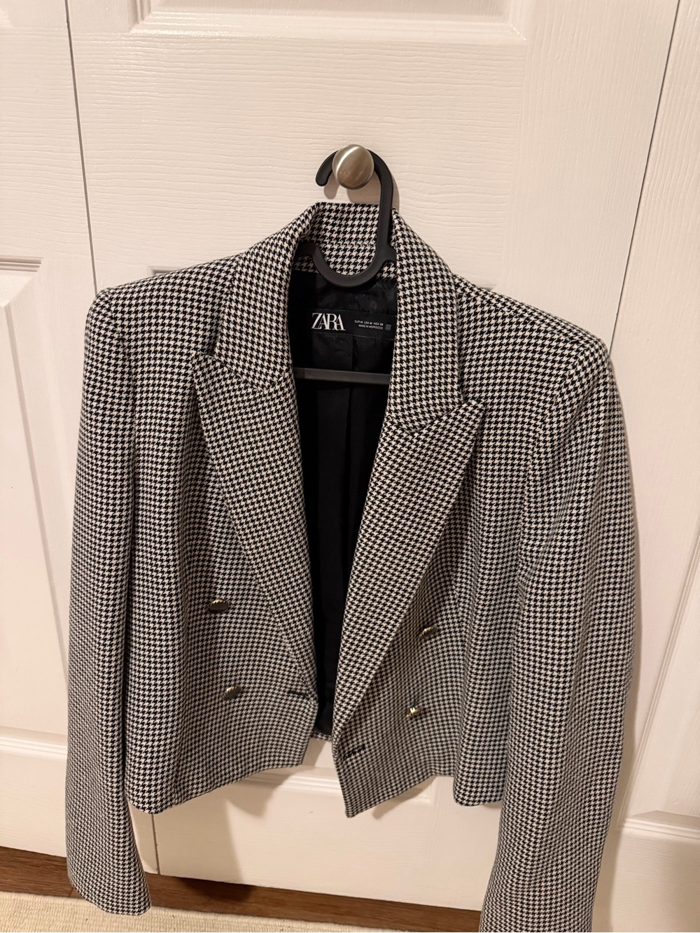 Zara Black & White Houndstooth Double-Breasted Blazer